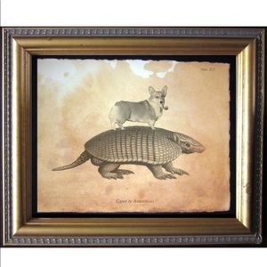 Corgi Dog Riding Armadillo Art Print Tea Stained